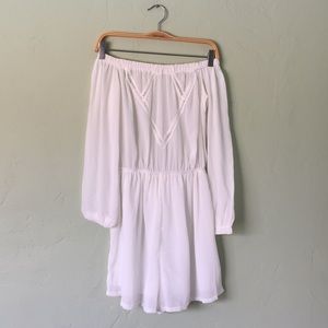 Flowy White Long Sleeve Romper Crochet Cinched